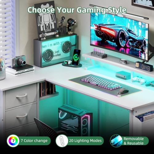 Image of VERMESS 47 inch Reversible L Shaped Gaming Computer Desk, Corner Desk with Power Outlets & Monitor Stand, Writing Study Table with 4 Storage Drawers, Desk with LED Lights, White
