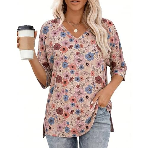 Totatuit Womens Oversized Tee Shirts Short Sleeve V Neck Blouse Side Slit Basic Tshirts Loose Fit Tunic Tops Apricot Blue Floral X-Large