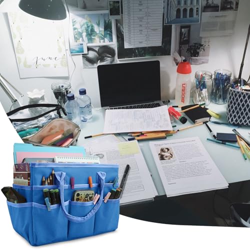 Image of Cupohus Art Organizer Craft Storage Tote Bag with Pockets and Handles, Oxford Fabric Carrying Caddy for Teacher, Officer, Artist, Traveler, and more -Blue