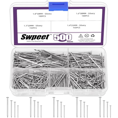 Swpeet 900Pcs 4 Sizes Hardware Nails Assortment Kit, Silver Galvanized Nails, Small Nails, Pin Nails, Finishing Nails, Nails for Hanging, Wall Nails for Hanging Pictures
