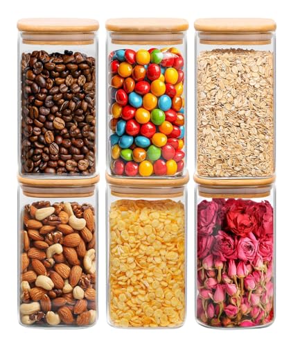 Image of Premium 350ML Glass Food Storage Jars with Airtight Bamboo Lid Set of 6 Storage jar For Serving Tea, Coffee, Flour, Sugar, Candy,Cookie,Spice and More