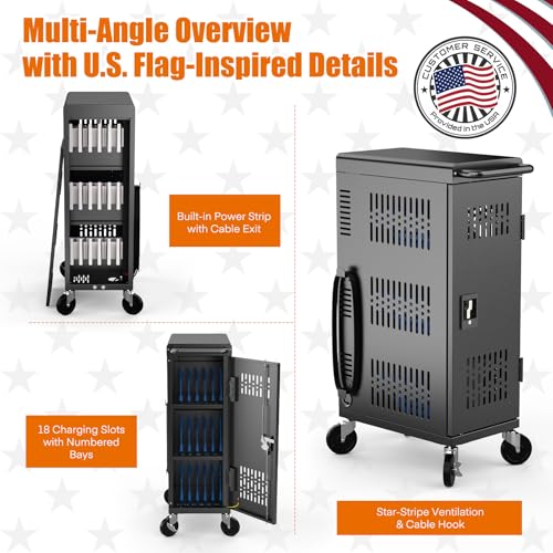 Image of Fully Assembled 18 Bay Laptop Charging Cart on Wheels, Heavy Duty Laptop Storage Cart for iPad Chromebook Tablet Up to 14-inch Screen with Key Lock, Charger & Cable Organization, Black