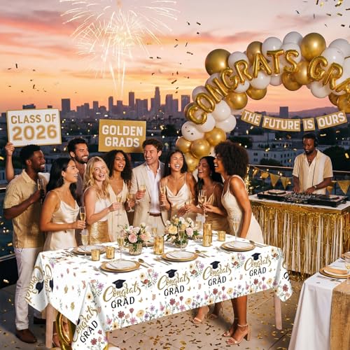 Image of Ganeen 3 Pcs Graduation Tablecloth Floral Class of 2026 Congrats Grad Table Cloths Gold Disposable Plastic Rectangle Table Cover for 2026 Graduation Decorations Grad Party Supplies, 54 x 108 Inch