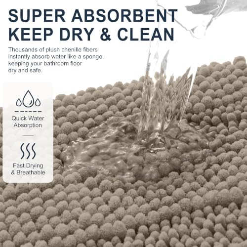 Image of Smiry Thick Chenille Bathroom Runner Rugs 44x24, Extra Absorbent Striped Bath Mat, Machine Washable, Rubber Backing, Long Bath Rugs for Bathroom, Tub & Shower, Home Decor Accessories, Warm Taupe