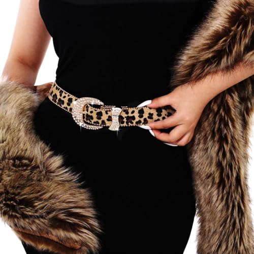 Ursumy Women Leather Leopard Print Belt - Rhinestone Adjustable Vintage Fashion Cowboy Belt for Jeans Dress4