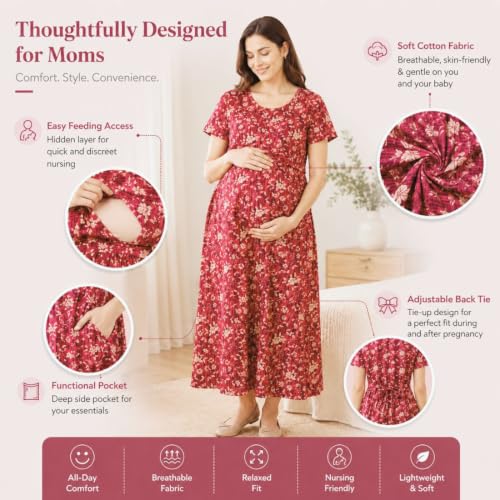 Image of Zero Clothing Feeding Dress for New Moms Casual Loungewear Ankle Length | Cotton Maternity Nighty | Zipless Feeding Dresses for Women | Pregnancy & Nursing Wear