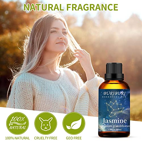 Image of BURIBURI Jasmine Essential Oil 100% Pure Undiluted Aromatherapy Jasmine Oil 100ML /3.38fl.oz for Soap, Candle Making, Massage, Diffuser, Humidifier