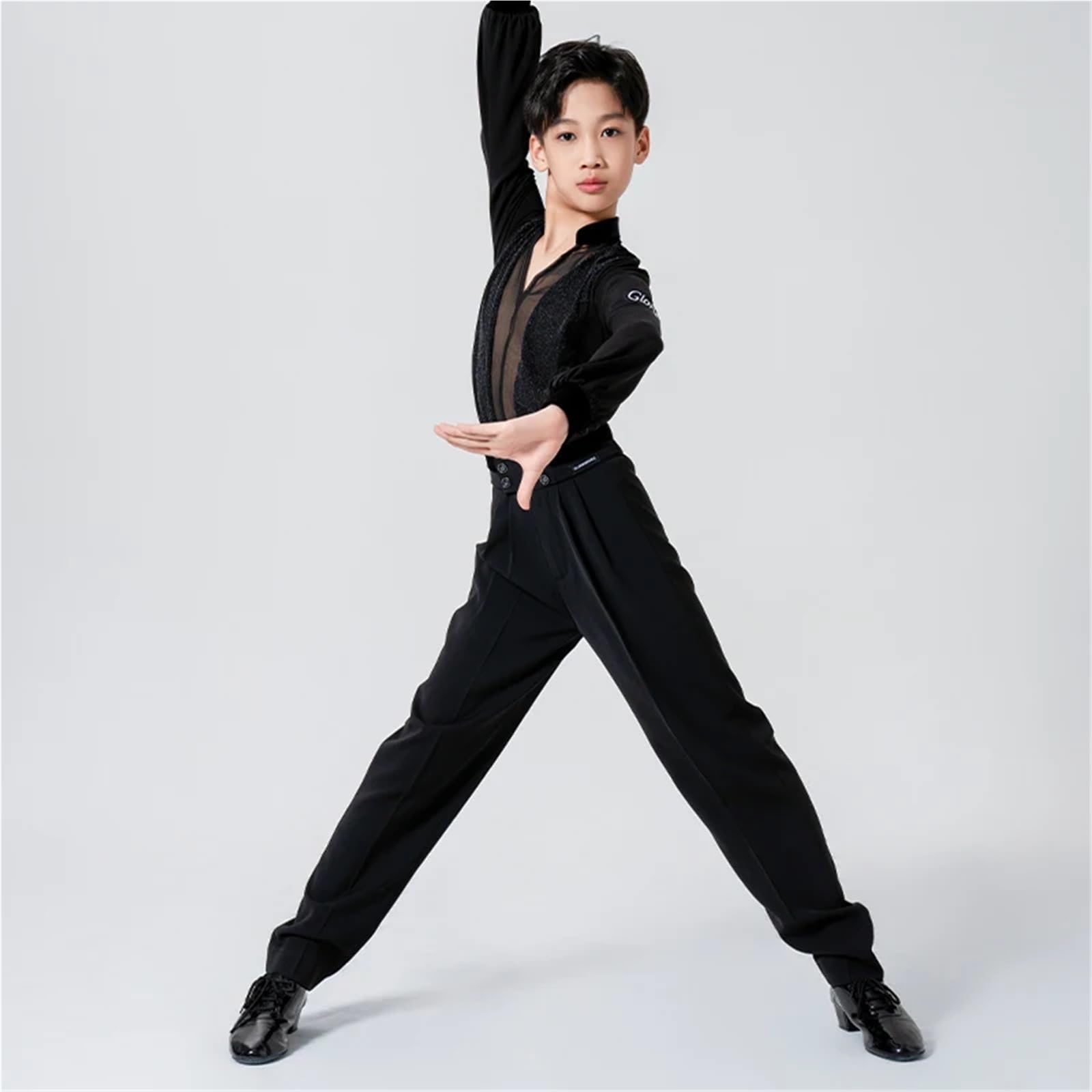 Latin Dance Costume Boy's Black Mesh V-Neck Tops Rumba Samba Practice Set Children's Ballroom Cha Competition Wear para Hombre, Salsa, Jazz, Danza(Black Tops-Pants,XXS)