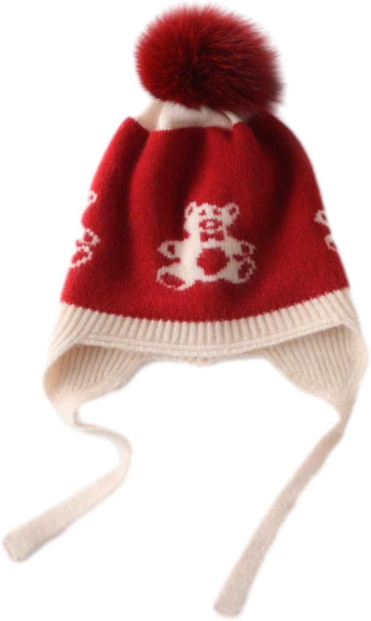 Cashmere100% Kids Beanie Hat for Boys Girls Winter Hat with Ear Flaps Warm Cute Skull Cap 6-12 Years