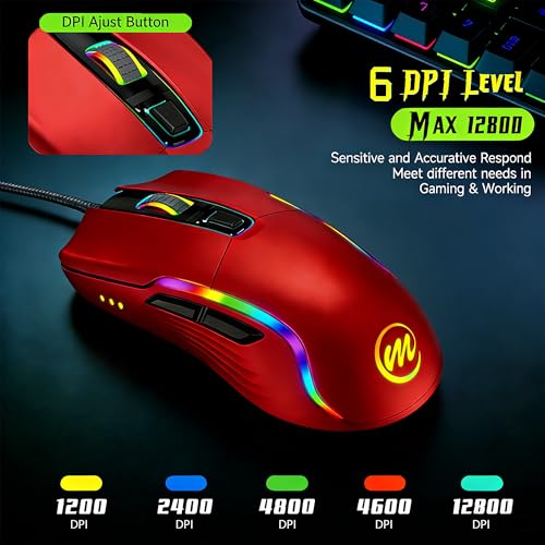 Image of memzuoix Wired Gaming Mouse with RGB - 6 Adjustable DPI up to 12800, 6 Buttons, 12 Lighting Modes, Ergonomic Design with Anti-Slip Rubber Wheel, 5.6ft Braided Cable for PC /Mac /Windows - Red