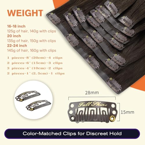 Image of Full Shine Seamless Clip in Human Hair Extensions, Balayage Brown 150g | 20 Inch, Dark Brown to Ash Blonde, Invisible PU Weft Clip-Ins, Full Length Volume Blend for Medium Hair Density, 8 Pcs