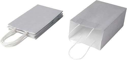 Miniatura 6 de Oikss Paquete de 100 bolsas pequeñas de papel kraft gris de 5.25 x 3.25 x 8.25 pulgadas con asas a granel para cumpleaños, bodas, fiestas,