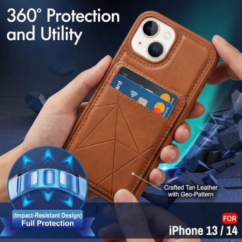 Image of amazon basics Premium Vegan Leather Back Cover with Card Holder and Integrated Mobile Stand for iPhone 13 - Slim Shockproof Wallet Case with Geometric Stitching [Tan]