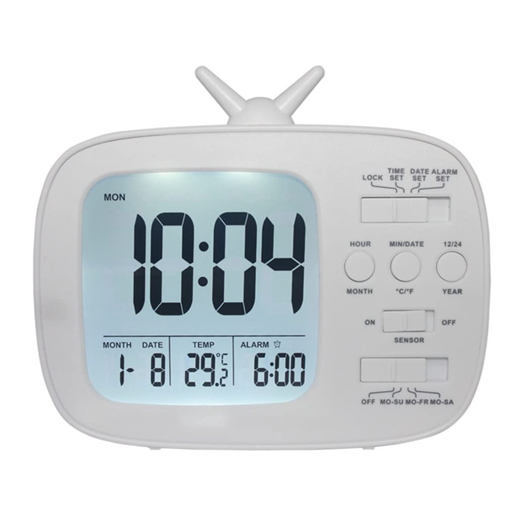 HRWLY Retro TV Smart LCD Electronic Clock Bedside Alarm Photosensitive(Wit)