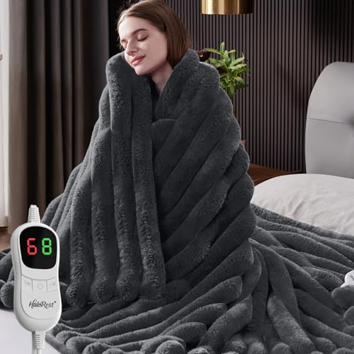 HaloRest Heated Blanket Full Size, Faux Fur Cozy Heating Blanket with Overheat Protection, 1/2/4/6/8 Hours Auto-Off 10 Heat Level, Machine Washable (72x84 Inches, Darkgrey)