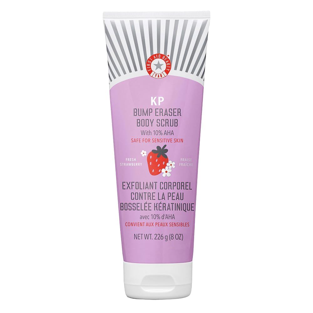 First Aid Beauty - KP Bump Eraser Body Scrub with 10% AHA, Keratosis Pilaris Exfoliator with Glycolic and Lactic acids, Helps Reduce Chicken Skin Bumps, Safe for Sensitive Skin, Strawberry Scent, 2 oz