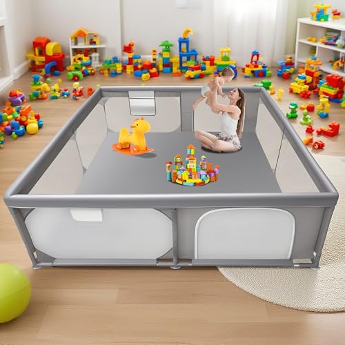 Image of Baby Playpen 79"x79" Extra Large Play Pen for Babies and Toddlers, Safety Baby Play Yard & Fence with Dual Zipper Doors, Dual Storage Mesh Pockets, and Fully Transparent Sides