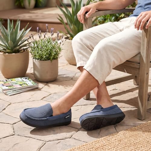 Image of ULTRAIDEAS Men's Moc-Toe Slippers Loafer House Shoes Indoor Outdoor Memory Foam with Breathable&Warm Knit Upper