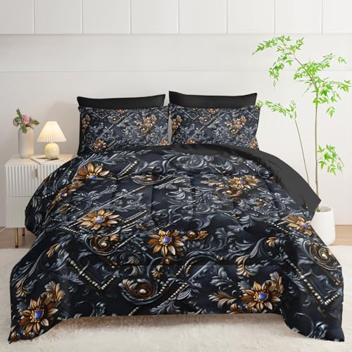 lneffble 7 Piece Black and Gold Baroque Comforter Set...