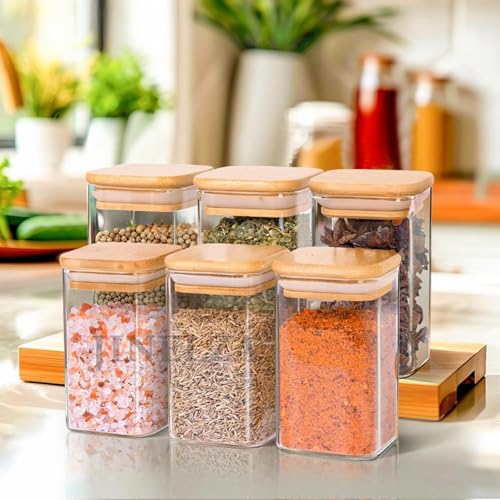 Image of Glass Food Storage Containers with Airtight Bamboo Lid, Coffee Storage Jars for Home Kitchen, Pantry Tea, Spices, Snack (SQUARE 280 ML JAR, SET OF 12)