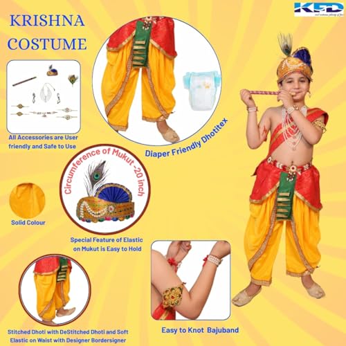 Image of Kaku Fancy Dresses Krishna Costume With Dhoti For Boy /Janmashtami /Bal Gopal Dress /Kanha Costume /Bal Krishna /Mythological Costume For Boy - Yellow-Red, 1-2 Years