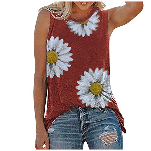 Tank Tops for Women, OutTop Womens Summer Sleeveless Tops Casual Loose Fit Plus Size Sunflower Printed Tee Shirts (A-Red, M)