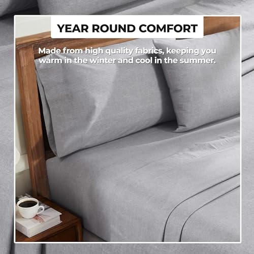 Image of Superior Melange Flannel Cotton Sheet Set, Ultra-Soft Textured Sheets, Modern, Farmhouse Bedding, Basics, Includes; Flat Sheet, Elastic Deep Pocket Fitted Sheet, Pillowcases, California King, Grey