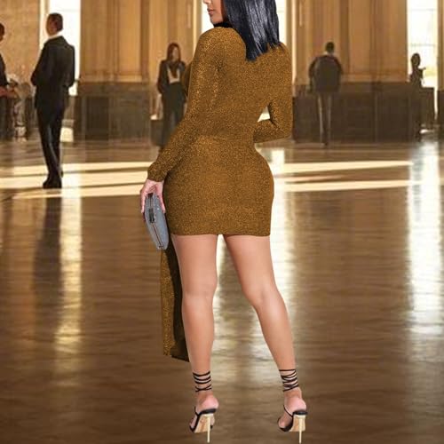 Image of Women's Casual Round Neck Long Sleeve Night Club Party Sexy Sparkly Bodycon Wrap Mini Dress