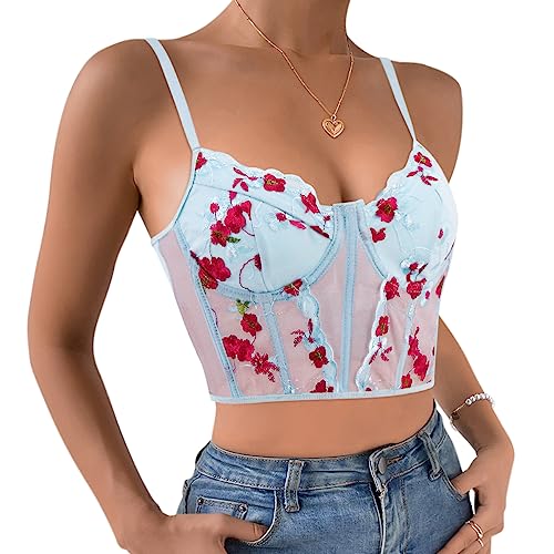 Testudineus Women Novelty Floral Embroidery Corset Top Sheer Mesh Push Up Bustier Fashion Rave Slim Tank Top #TOP3