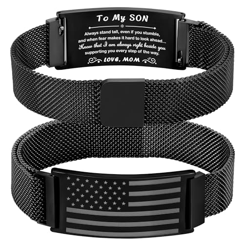 Jesvo To My Son Bracelet Gifts from Mom Mother Black American Flag Bracelets Military Jewelry Christmas Birthday Valentines Fathers Day Gifts Ideas Presents for Son Teenage Boys Adult Him