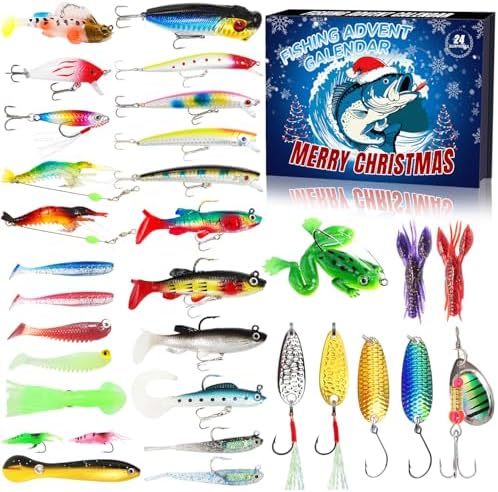 Fishing Advent Calendar 2025 Lure Set,24 Days Christmas Countdown Advent Calendar Fishing Gifts, Xmas Surprise Fish Bait Gift for Fishing Lovers Father Boyfriend Brother