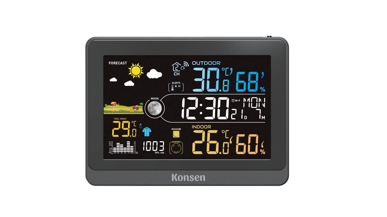 Konsen Wetterstation funk mit Außensensor, 5,9 Zoll VA-Farbdisplay für klare Anzeige von Temperatur innen/außen, Wetterprognose, Luftdruck und Beleuchtung