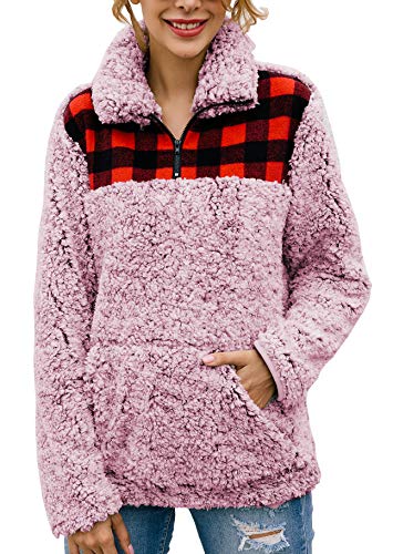 BTFBM Women Fashion Color-Block Plaid Print Warm Fleece Long Sleeve Sweatshirt Zipper Sherpa Pocket Pullover Jacket Tops (Red, X-Large)