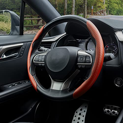 Image of Amiss 2pcs Carbon Fiber Anti-Skid Steering Wheel Cover, Waterproof & Segmented Butterfly Design, Universal 99% Vehicle Wheel Cover Protector, Car Interior Accessories (Orange)