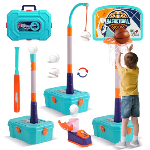 Kids Basketball Hoop and T Ball Set for Toddler 3-5, 4 in 1 Height Adjustable - Toddler Basketball Hoop Indoor Toy for Kids Outdoor Basketball Goal, Portable Sport Toy Gifts for Boy Age 3 4 5
