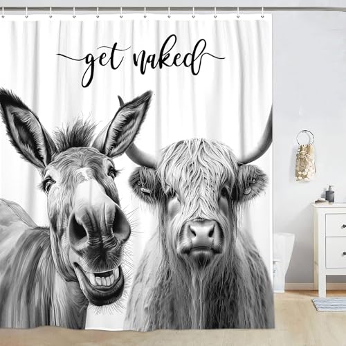 Image of Funny Farmhouse Shower Curtain,Grey Donkey with Cow Get Naked Waterproof Shower Curtain with Hooks, Farm Animal Fabric Shower Curtains for Bathroom Decor 72X72inches