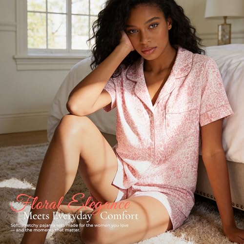 Image of LYCY Womens Pajamas Set Floral Print, Soft Pajamas for Women Shorts Set, Summer Button Down 2 piece Women Pjs