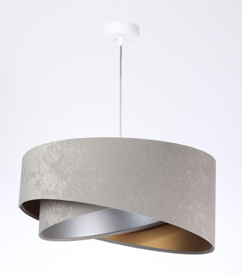 Licht-Erlebnisse Hängeleuchte E27 rund Ø 50 cm in Grau Gold Silber Stoff Velours Optik Doppelschirm Modern Hängelampe Wohnzimmer Schlafzimmer