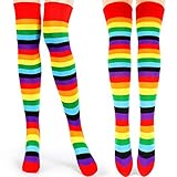 Tatuo 2 Paar Frauen Lange Gestreifte Socken über kniehohe Undurchsichtige Strümpfe für Weihnachten (Regenbogenstreifen)