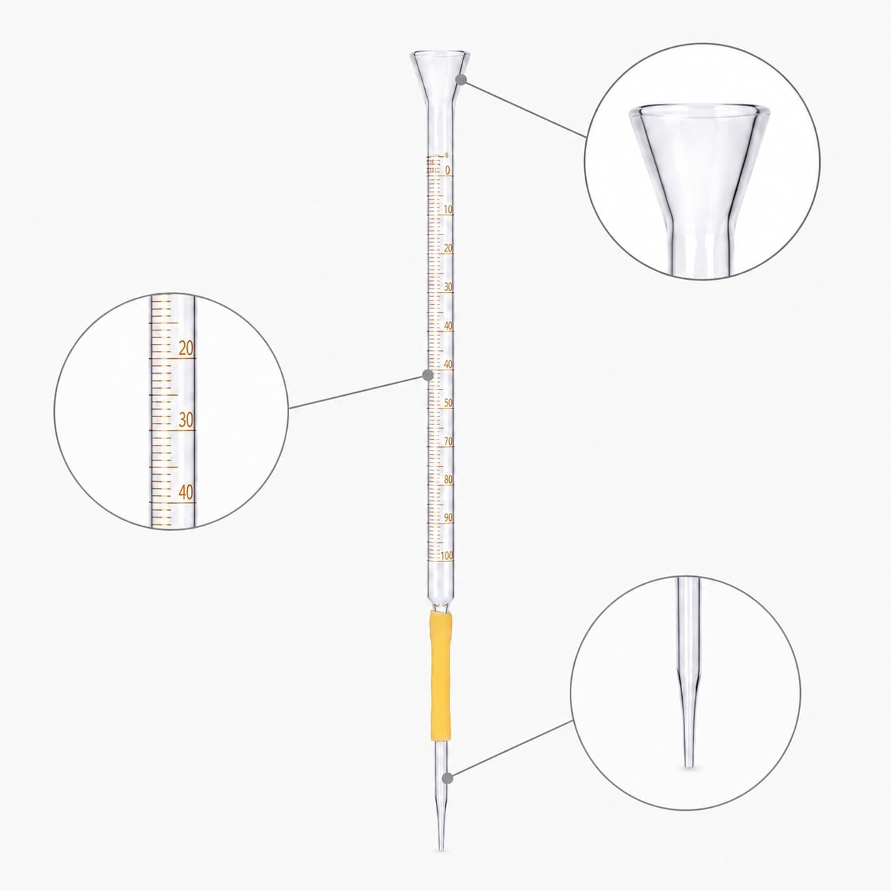 Labor-Glasbürette mit Trichter-Rand und Latexschlauch-Kugel-100mL | Ideales Labor-Glasgerät für Basen-Titration und Lösungsanalyse
