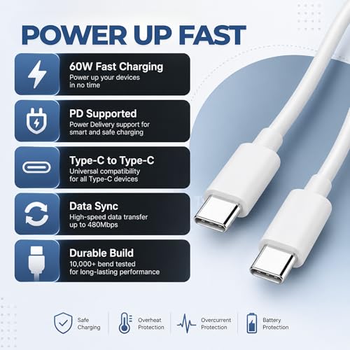 Image of Umake USB Type-C to Type-C Fast Charging Cable 1M, 60W PD Fast Charging, Nylon Braided USB-C Cable, Compatible with Samsung S24 /S23, iPhone 16 /15, OnePlus, Xiaomi, iPad & USB-C Devices (BIS Certified)