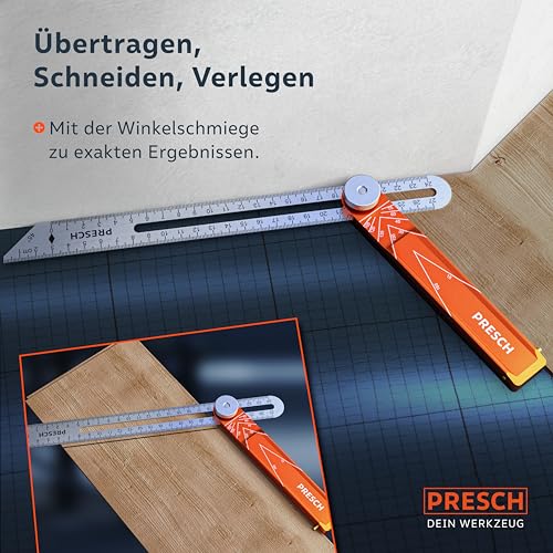Presch Winkelschmiege inkl. Zusatzlineal - 190mm & 270mm - Extrem präzise Winkel übertragen - Verstellbare Schmiege mit Streichmaß-Funktion aus präzisionsgefrästem Aluminium und Edelstahl