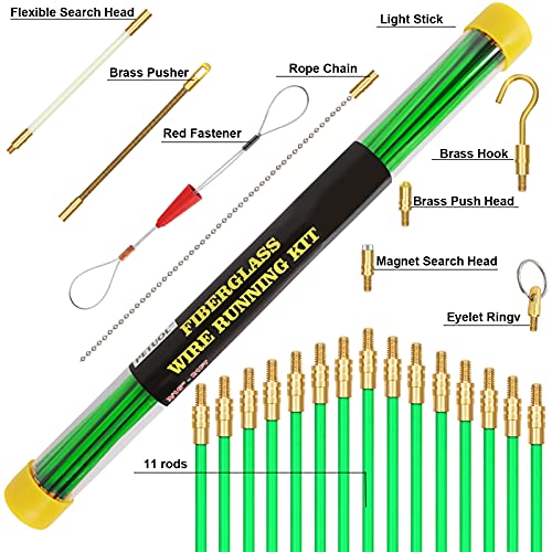 21 Feet Fiberglass Fish Tape Cable Rods, Electrical Wire Running Pull/Push Kit With Hook And Hole Kit Glow Rod, Hook Hole, Green #TOP4