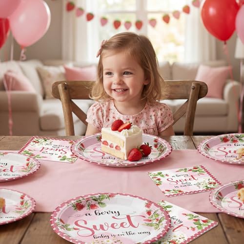 Image of Qinyoung 100 Pcs Strawberry Baby Shower Decorations Strawberry Plates and Napkins a Berry Baby Is on the Way Party Supplies for Berry Babyshower Decorations Picnic Tea Party, Serves 50