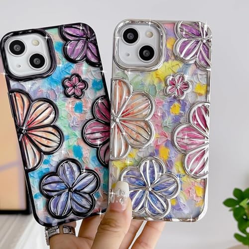 Image of mobistyle Compatible with iPhone 15 Plus Phone Case | Colorful Flower 3D Clear Cover Soft TPU Camera Protection Shockproof Back for Women Girls iPhone Case (Flower Black)