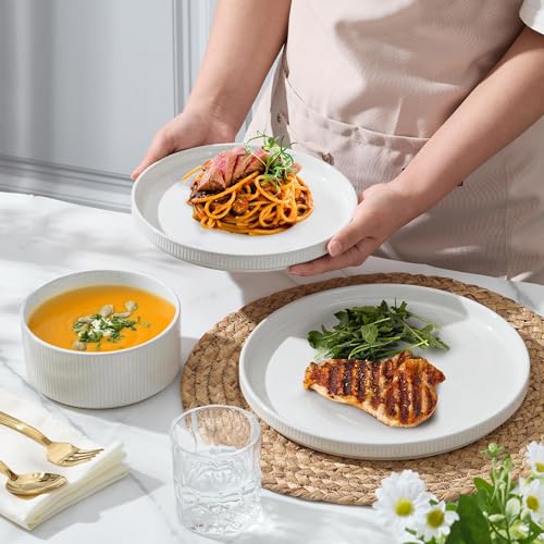Image of E-far 24-Piece Stoneware Dinnerware Sets, Plates and Bowls Sets for 8, Kitchen Modern Dinning Porcelain Dishes Set, Chip & Scratch Resistant, Dishwasher & Microwave Safe, Speckled White