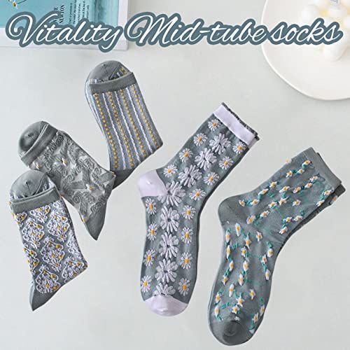Image of 5 Pack Cute Womens Floral Socks, Vintage Embroidered Frilly Floral Ankle Cotton Cottagecore Socks
