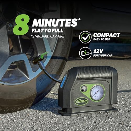 Image of Slime 40050 Tire Inflator, Portable Car Air Compressor, with Analog 100 psi Dial Gauge, Long Hose and LED Light, 12V, 8 min Inflation