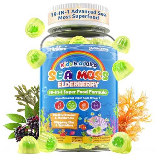 Image of Sea Moss + Elderberry Gummies for Kids & Adults, 19-IN-1 Super Food with Spirulina, Algae Omega 3, Algae Calcium, Ashwagandha, Mushroom, Vitamins D3, C for Immune, Gut, Bone, Energy, Brain,Vegan 60Cts