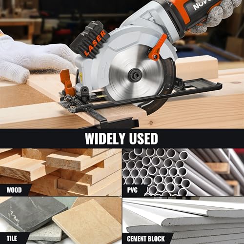 NovorikX 20V Mini Circular Saw Cordless 4-1/2" with Laser 3400RPM, 2 Saw Blades with Rip Guides, Max Cutting Depth 1-11/16" (90°), 1-1/10" (45°) for Wood,Soft Metal, Plastic, Drywwall, Tile Cuts - Image 5